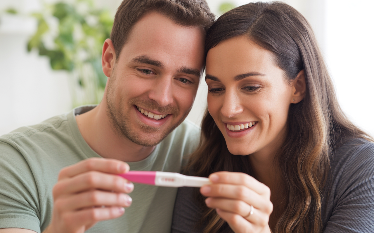 Image of happy couple after finding out of pregnancy from positive test