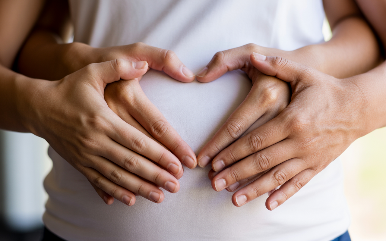 Image of couple making heart shape with hands around area of pregnant womans stomach